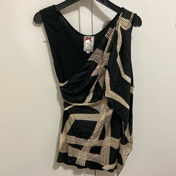 Yoana Barsschi Silk sleeveless Draped Blouse in Geometric Print Over Black Knit - Picture 1 of 7
